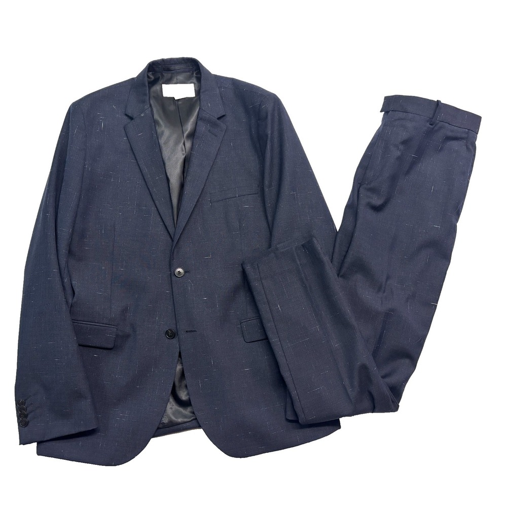 H&M Midnight Navy Blue White 44R 36x32 Slubbed Fleck 2pc Pant Suit Wool Slim